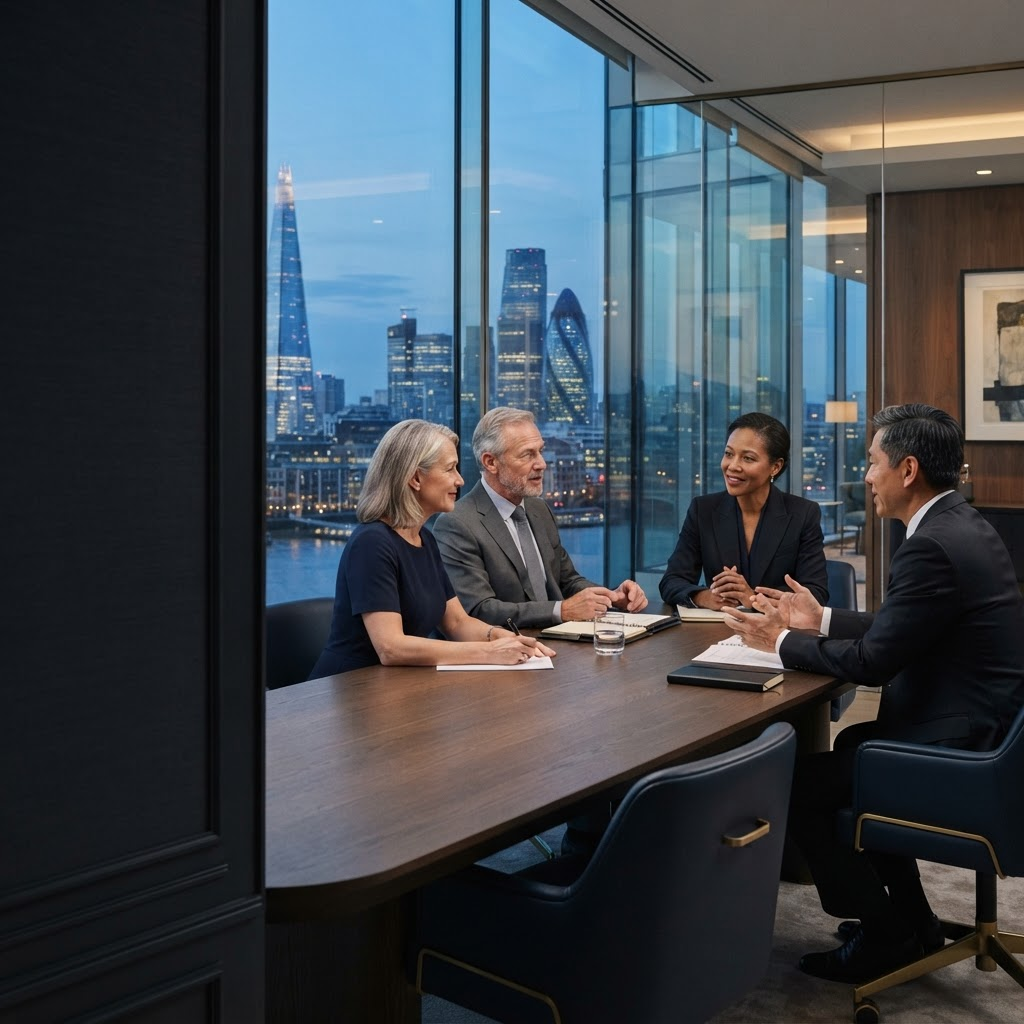 Advisors collaborating in a modern global boardroom